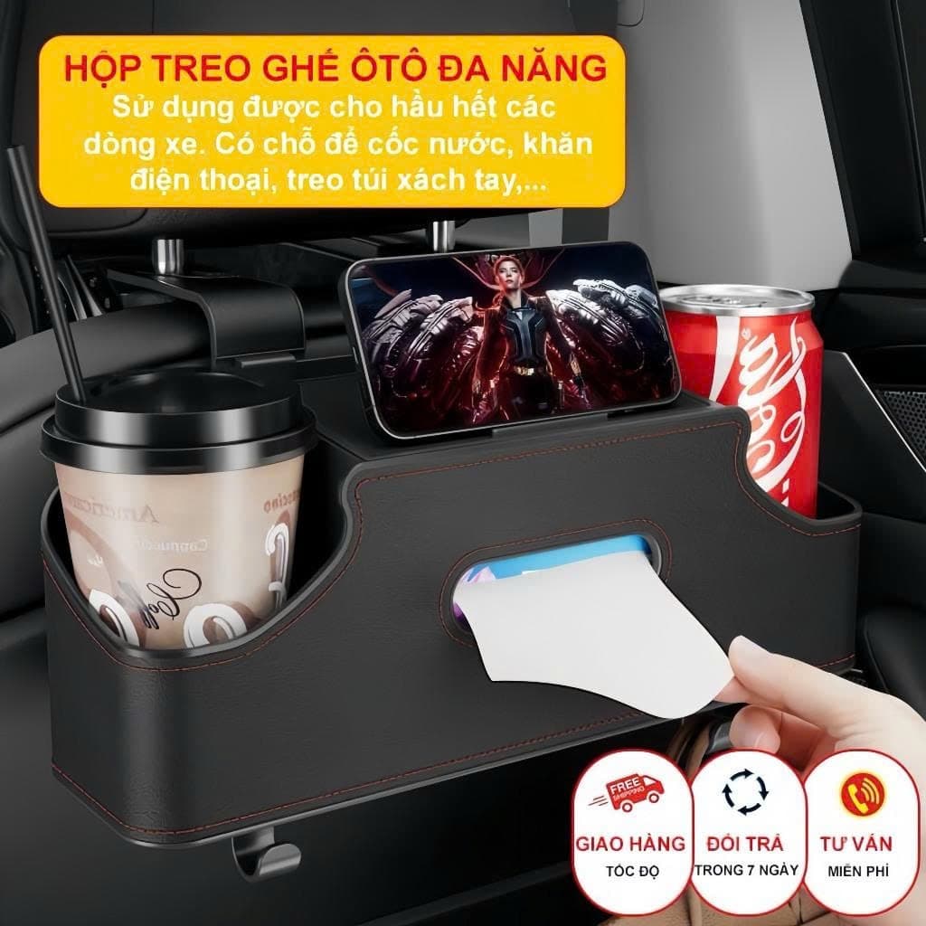 Hộp đựng đồ ô tô da PU tích hợp khay đựng cốc, hộp đựng giấy, giá đỡ điện thoại và móc treo đồ