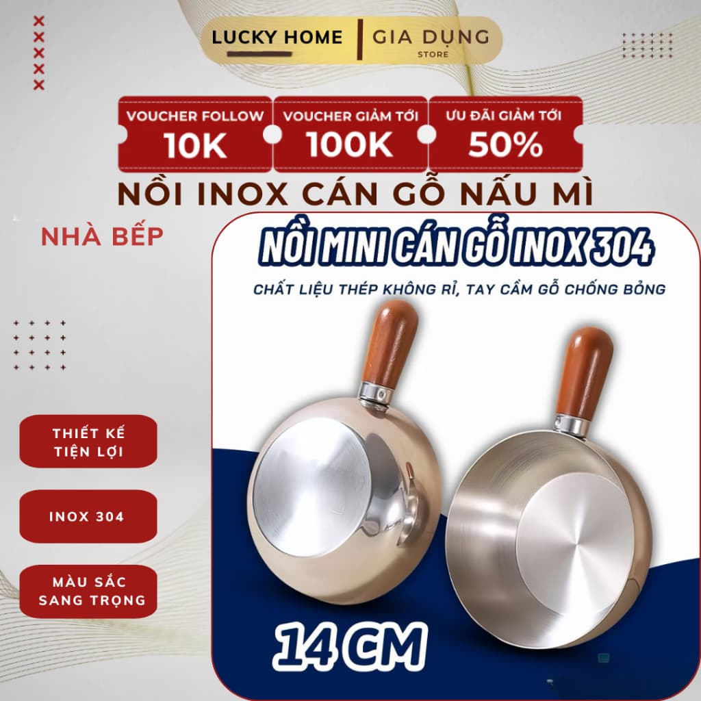 NỒI INOX MINI CÁN GỖ 14cm Đun Được Bếp Gas, Bếp Từ, Nồi Inox không nắp