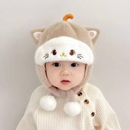 Mũ len tai mèo thỏ cho bé - Mũ có kèm dây buộc và bông pom 4
