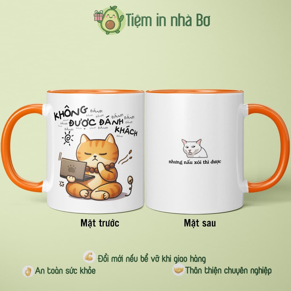 Ly sứ cốc sứ "KHÔNG ĐƯỢC ĐÁNH KHÁCH" & hình mèo dễ thương, quà tặng bạn bè CSKH, saler, freelancer, designer đồng nghiệp