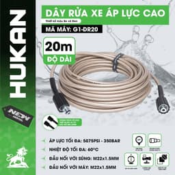 [20M] Dây rửa xe áp lực cao HUKAN G1-DR20, Độ dài 20 mét, Chống ngập, Chống rò - Đầu nối M22x1.5mm 2