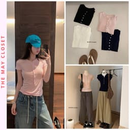 [𝑻𝒉𝒆𝑴𝒂𝒚 x 𝐖𝐆𝐖𝐄] Áo Thun Cổ Trụ Tàu Nữ Ôm Body WG.WE 6328, Áo Thun Nữ Cộc Tay Cổ Tròn Trơn Basic Cài Cúc Cotton Mỏng 1