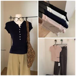 [𝑻𝒉𝒆𝑴𝒂𝒚 x 𝐖𝐆𝐖𝐄] Áo Thun Cổ Trụ Tàu Nữ Ôm Body WG.WE 6328, Áo Thun Nữ Cộc Tay Cổ Tròn Trơn Basic Cài Cúc Cotton Mỏng 2