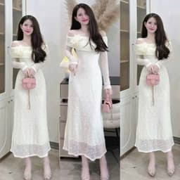 Đầm ren trắng kem trễ vai Xukadress, váy đen ren dáng dài trễ vai cho nữa đi tiệc sang trọng 3
