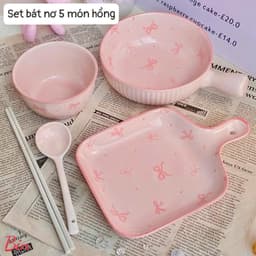 Bộ Sét Bát Đĩa Có Tay Cầm Kèm Thìa Đũa 5 Món Nơ Hồng Bằng Sứ Siêu Xinh Set Bát Đũa Decor Chất Liệu Sứ Dày Dặn Thiết Kế S 2