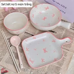 Bộ Sét Bát Đĩa Có Tay Cầm Kèm Thìa Đũa 5 Món Nơ Hồng Bằng Sứ Siêu Xinh Set Bát Đũa Decor Chất Liệu Sứ Dày Dặn Thiết Kế S 3