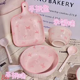 Bộ Sét Bát Đĩa Có Tay Cầm Kèm Thìa Đũa 5 Món Nơ Hồng Bằng Sứ Siêu Xinh Set Bát Đũa Decor Chất Liệu Sứ Dày Dặn Thiết Kế S 5
