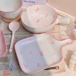 Bộ Sét Bát Đĩa Có Tay Cầm Kèm Thìa Đũa 5 Món Nơ Hồng Bằng Sứ Siêu Xinh Set Bát Đũa Decor Chất Liệu Sứ Dày Dặn Thiết Kế S 6