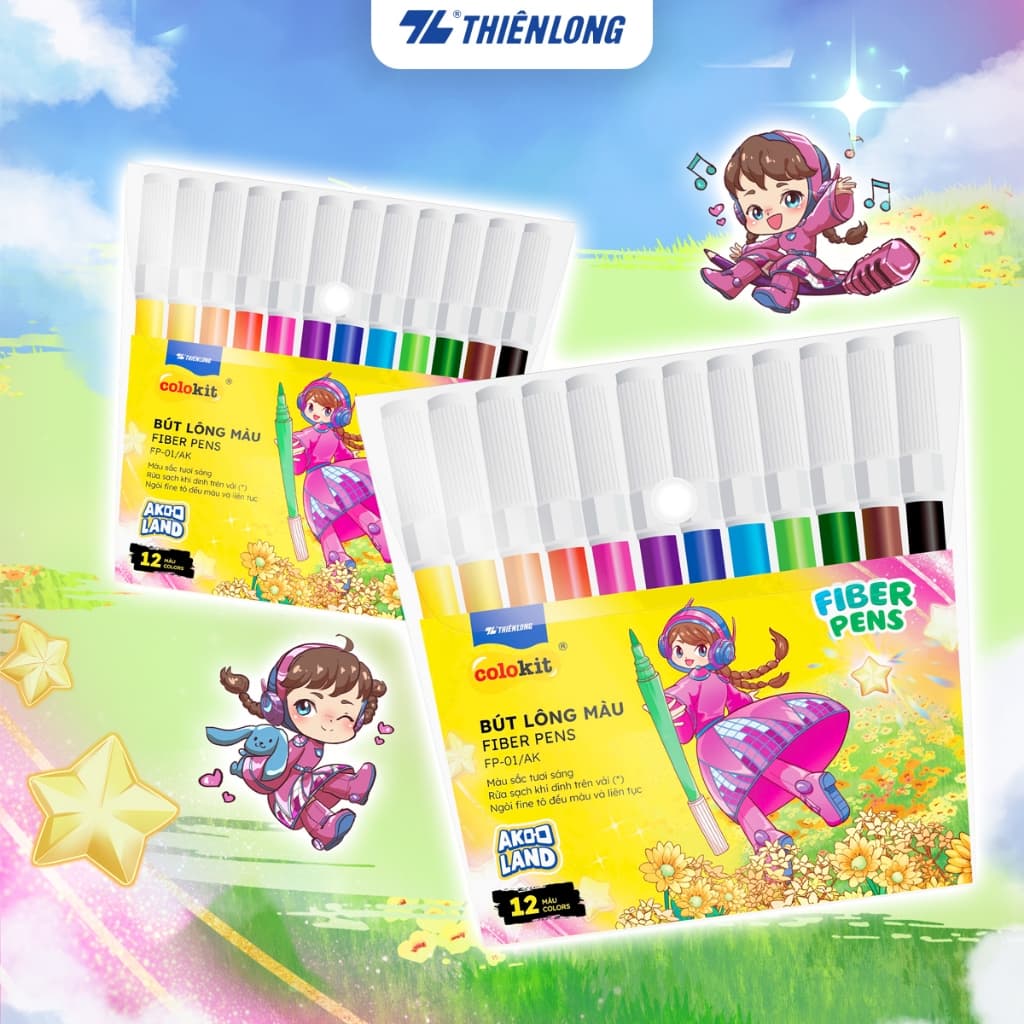 [MN] Bút lông 12 màu Fiber Pen Thiên Long Colokit FP-01/AK - Ngòi Fine tô đều màu và liên tục - Phiên bản Akooland