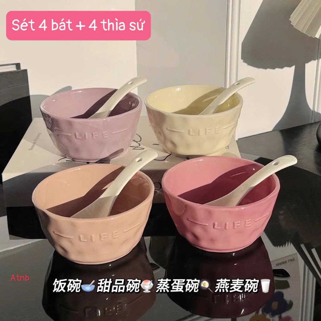 Set 4 Bát Kèm 4 Thìa LIFE Màu Pastel Xinh Xỉu