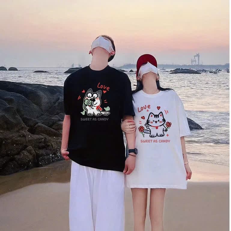 Áo đôi trái tim in hình thú cưng unisex nam nữ, chất cotton 100%