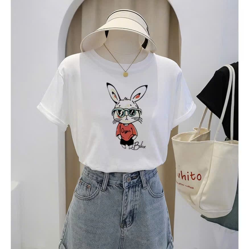 Áo thun tay lỡ in thỏ Unisex nam nữ basic vải cotton co giãn 4 chiều form oversize Charit