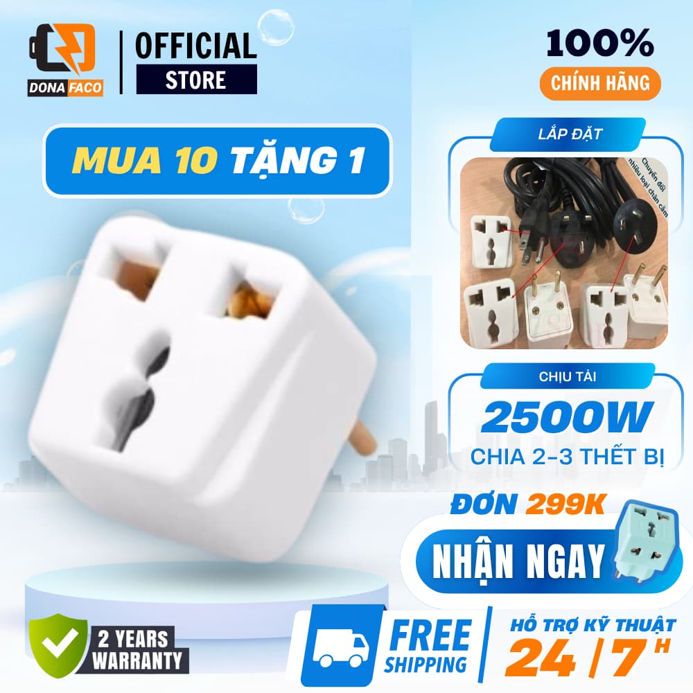 Ổ cắm chuyển đổi từ 3 chấu sang 2 chấu Vinakip 10A, Đầu phích cắm đa năng chịu tải