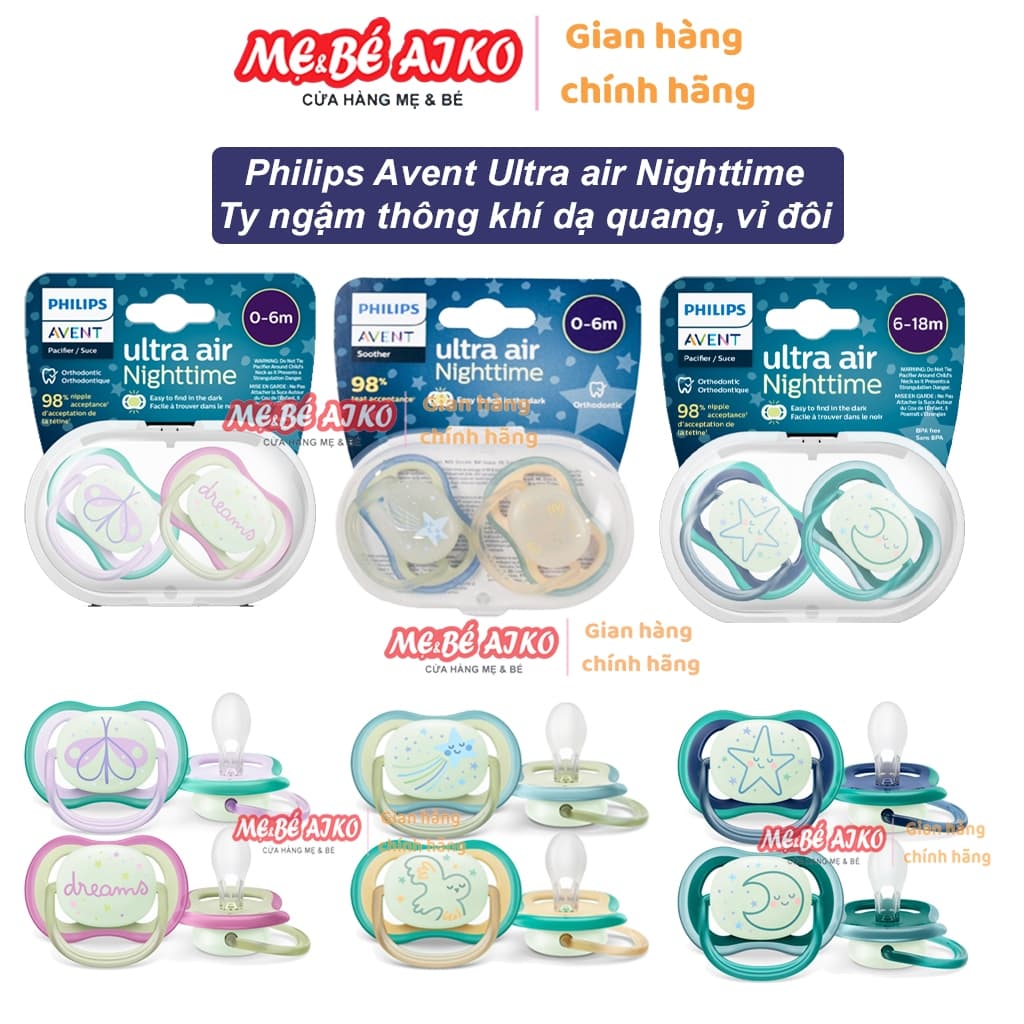 [Hộp 2 Núm] Núm Ti Ngậm Dạ Quang, Núm Ty Ngậm Ultra Air Night Ban Đêm Phlips Avent Cho Bé Từ Sơ Sinh Đến 18 tháng