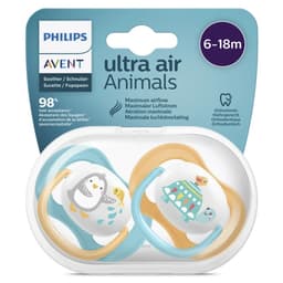 Ty ngậm, Ti Giả Avent Ultra Air Cho Bé Từ 0-6M Và 6-18M thông khí Philips Avent Animals dòng Lime 6