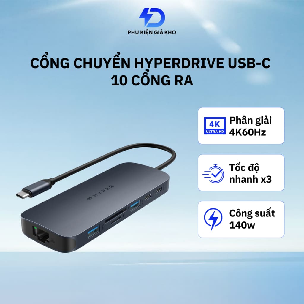 Cổng Chuyển Hyperdrive Next 10 Port Usb-C Cho Laptop Type-C sang HDMI USB-A micro SD