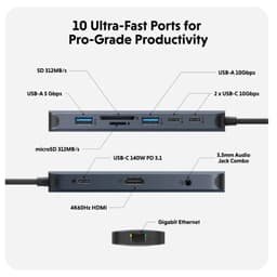 Cổng Chuyển Hyperdrive Next 10 Port Usb-C Cho Laptop Type-C sang HDMI USB-A micro SD 5