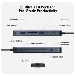 Cổng chuyển Hyperdrive next 11in1 chuyển cổng USB-C sang HDMI USB-A Micro SD 3.5mm 5