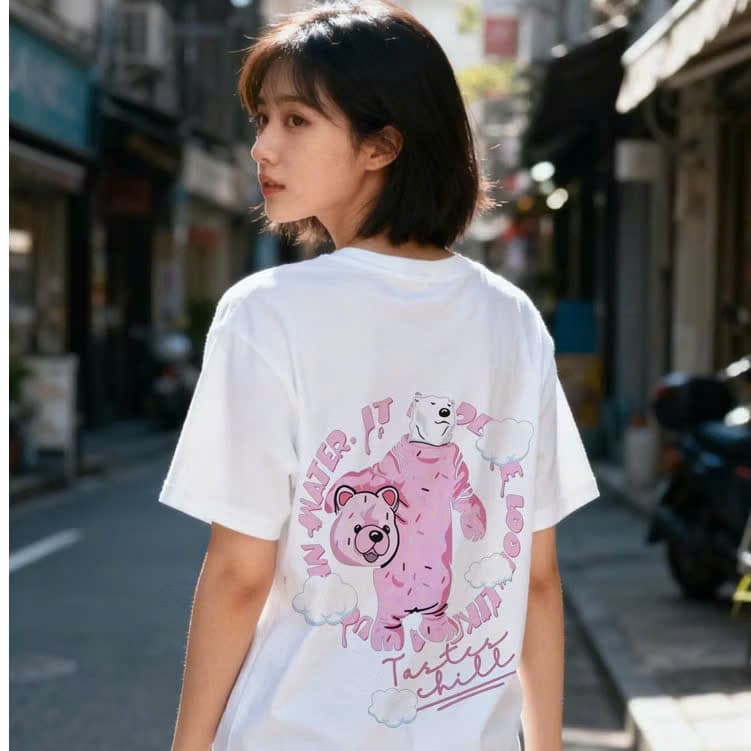 Áo thun Unisex Nam Nữ in hình GẤU TRẮNG MẶC ĐỒ HỒNG, chất cotton 100% - BOONE - BNE00080