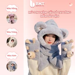 Mũ 3in1 Kèm Gấu Sỏ Tay Lông Mềm Dày Dặn, Mũ Trùm Đầu Giữ Ấm Kèm Khăn Và Găng Tay Dễ Thương 1