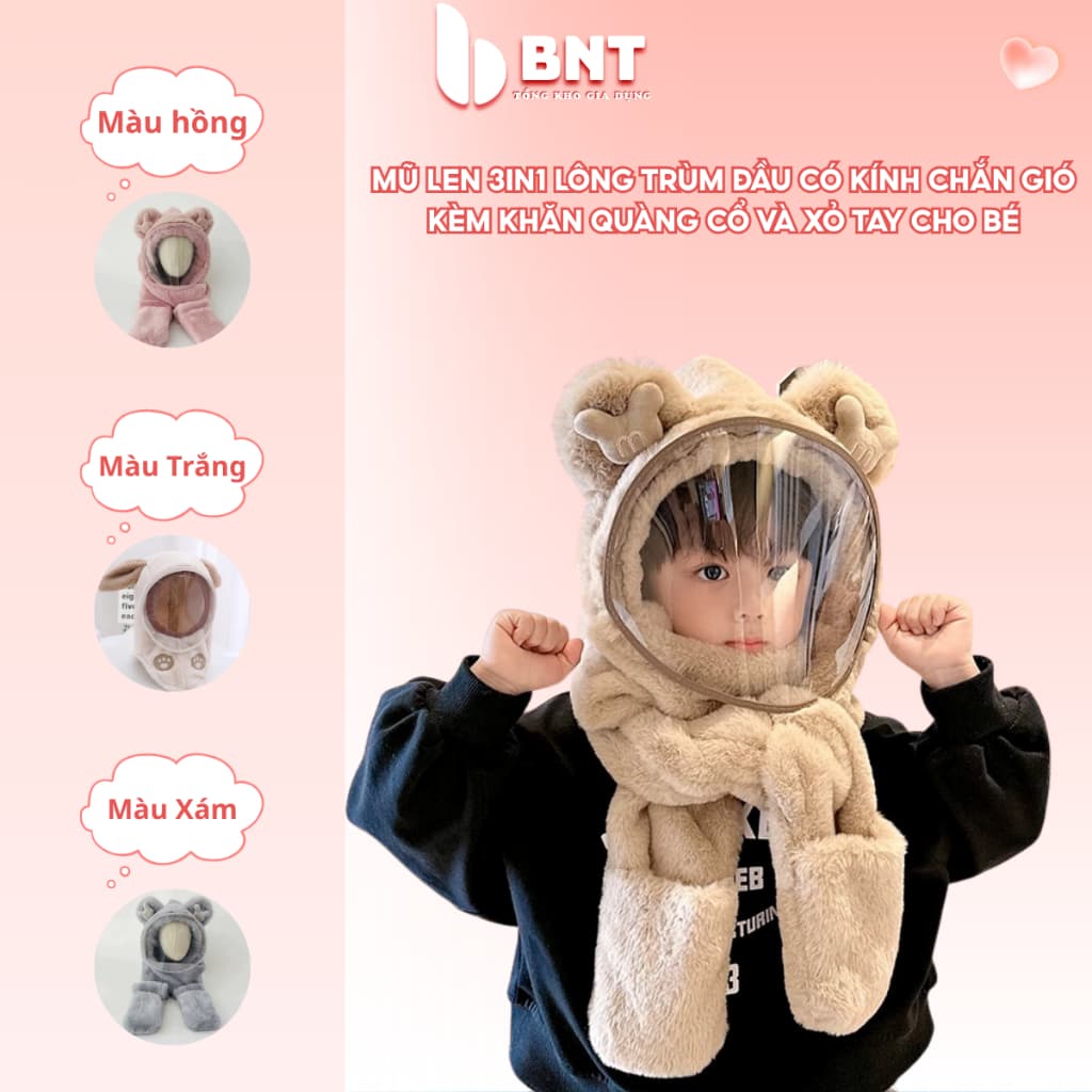 Mũ Len 3in1 Lông Cừu Trùm Đầu Có Kính Chắn Gió Kèm Khăn Quàng Cổ Và Bao Tay Cho Bé TỔNG KHO BNT