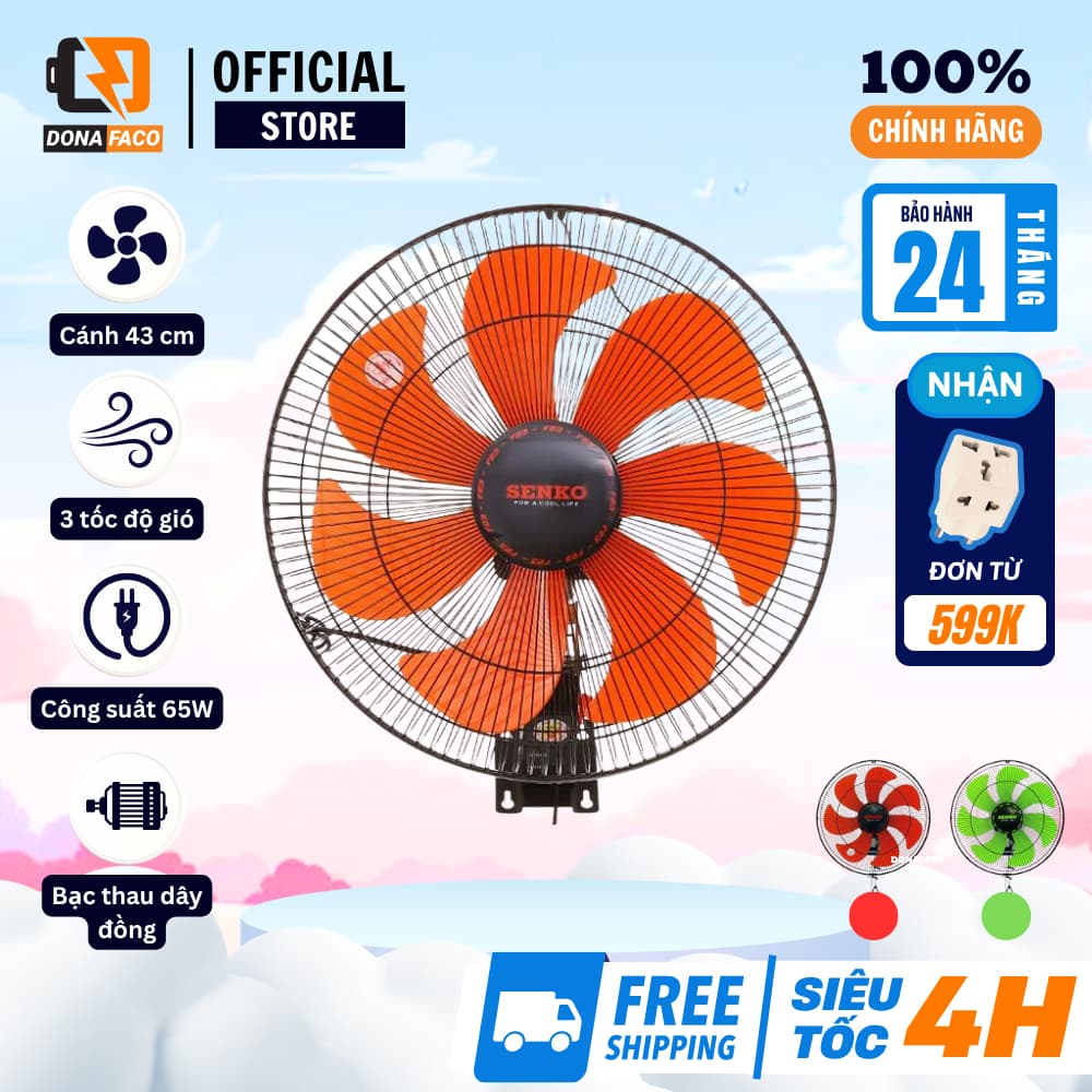 Quạt treo tường 2 dây Senko TC1622, quạt treo màu đen công xuất lớn 65W bảo hành 24 tháng