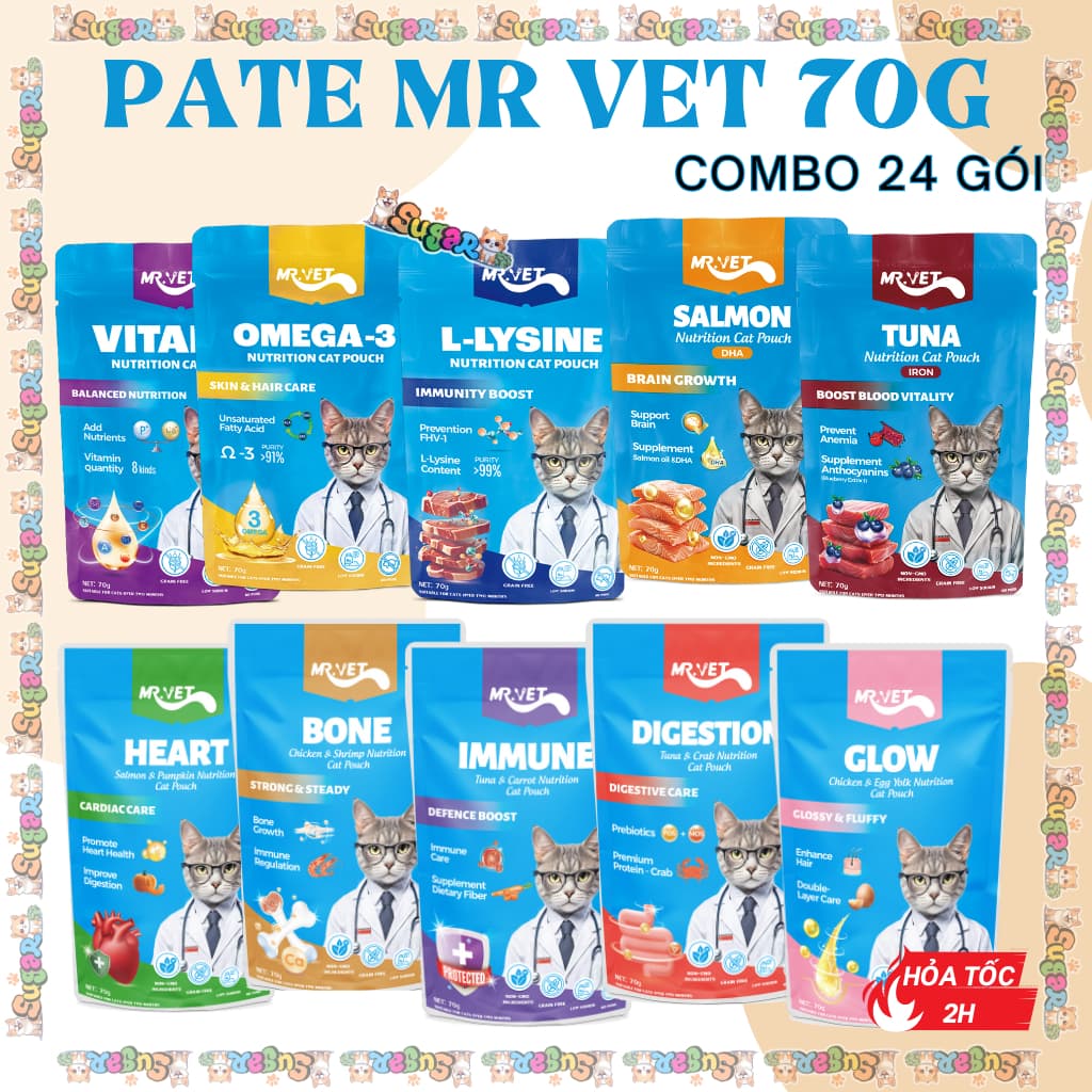 (COMBO 24 GÓI) Pate Mr.Vet 70gram Dành cho mèo mọi lứa tuổi - Bổ sung Omega-3, Vitamins, L-Lysine,..