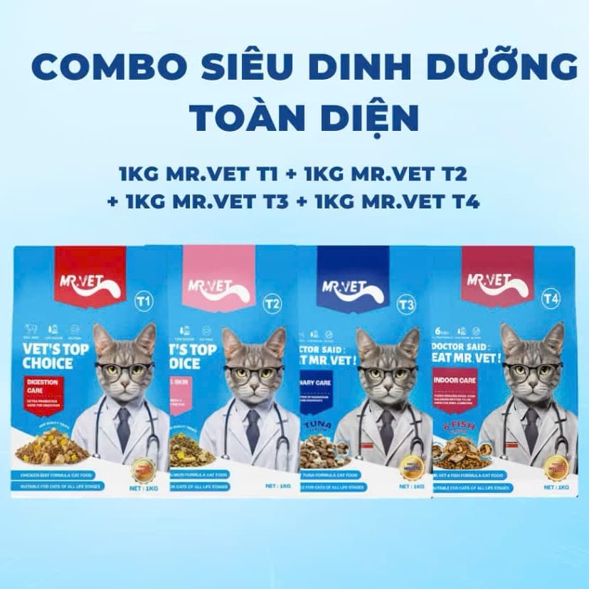 Thức ăn hạt khô MR VET - Túi 1kg Dành cho Mèo Mọi lứa tuổi, Hạt Mix Topping sấy khô nhiều vị