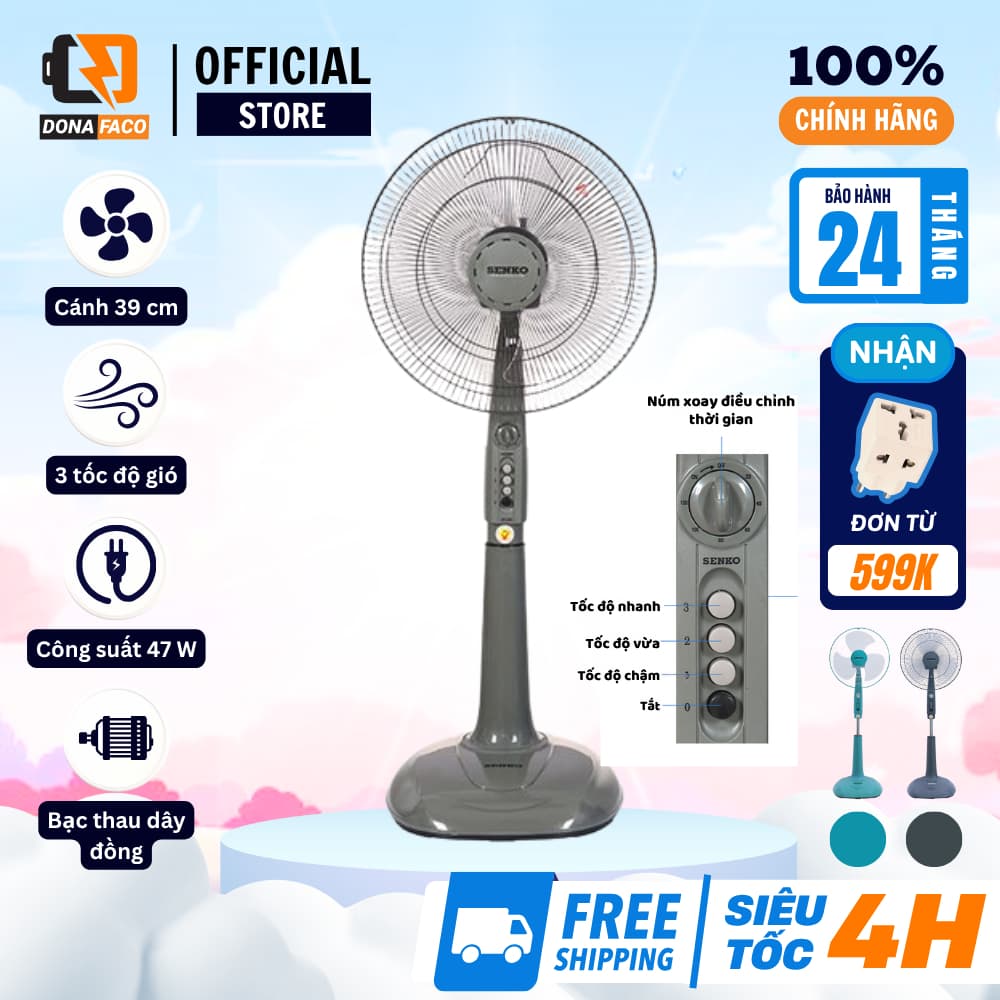 Quạt đứng lỡ senko DH1600 thân sắt, 3 cánh, hẹn giờ, gió mạnh, tiết kiệm đIện bảo hành 2 năm