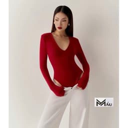 Áo bodysuit trơn nữ dài tay cổ V hàng 2 lớp kèm ảnh thật d56 2