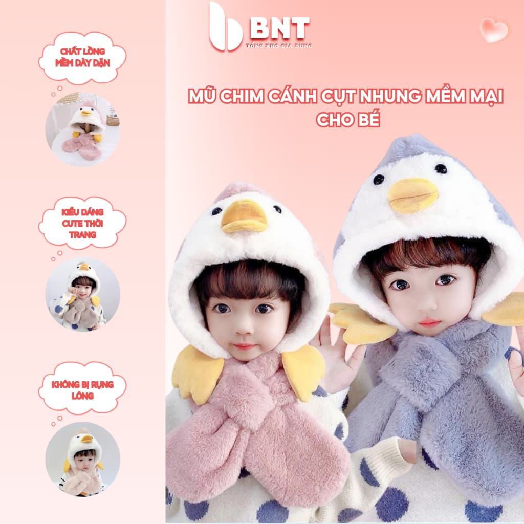 Nón len liền khăn hình vịt mùa đông cho bé 6–36 tháng , Lông cừu mềm ấm