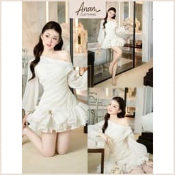 VÁY THIẾT KẾ LỆCH VAI  TAY DÀI ĐÍNH NƠ DỰ TIỆC SANG CHẢNH anan clothing 1