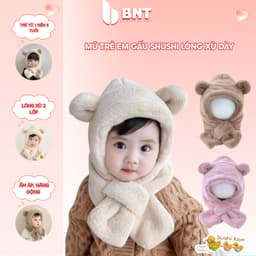 Mũ Trẻ Em Lông Xù Hình Gấu Shushi Liền Khăn Quàng – Mũ Giữ Ấm Mùa Đông Cho Bé 1–5 Tuổi, Chất Lông Mềm Dày, Nhiều Màu Dễ 1