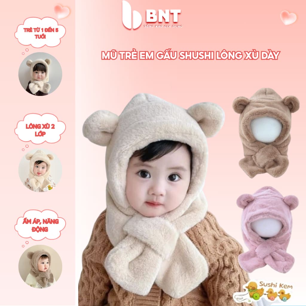 Mũ Trẻ Em Lông Xù Hình Gấu Shushi Liền Khăn Quàng – Mũ Giữ Ấm Mùa Đông Cho Bé 1–5 Tuổi, Chất Lông Mềm Dày, Nhiều Màu Dễ