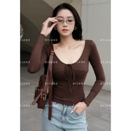 [MÀU MỚI] Áo Thun Nữ Cổ V Thắt Nơ Dài Tay Ôm Body Chất Thun Mịn Co Dãn 4 Chiều BYJANE - 862 8