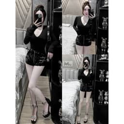 Áo bodysuit trơn nữ dài tay cổ V hàng 2 lớp kèm ảnh thật d56 4