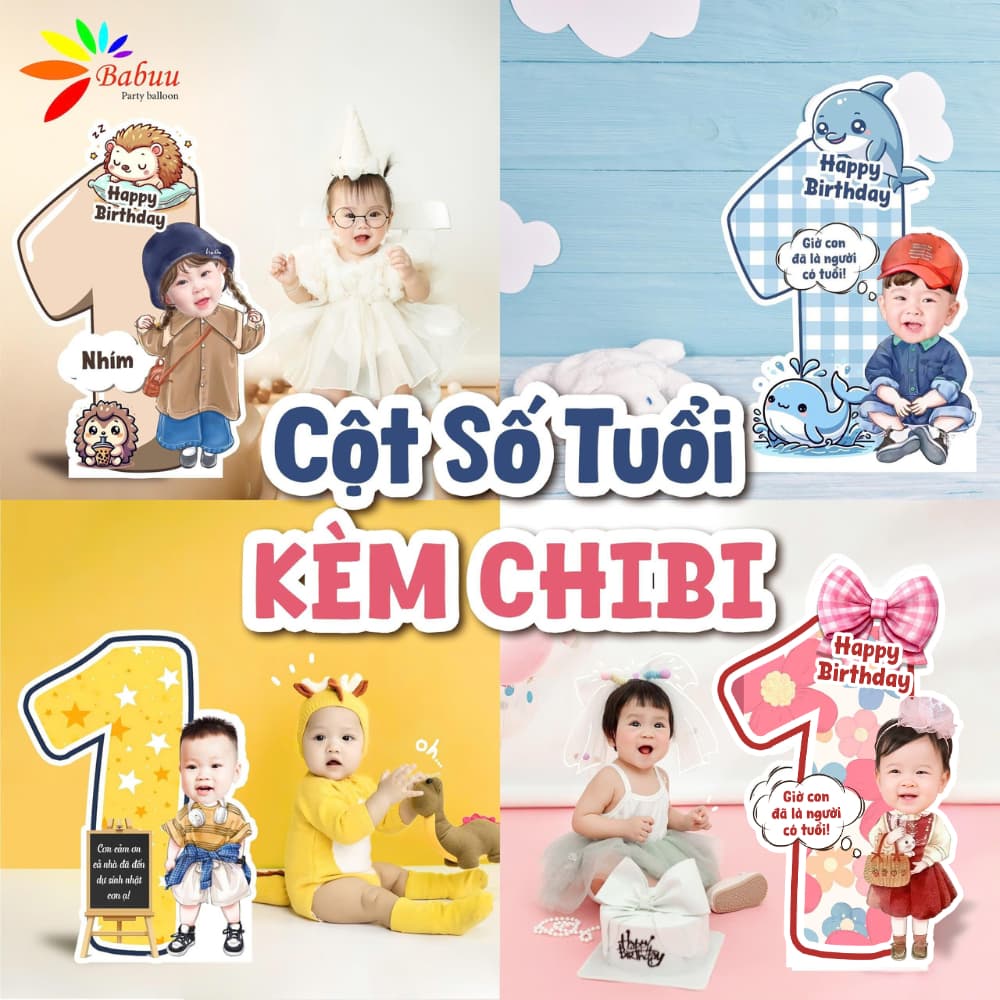 Cột số kèm chibi sinh nhật cho bé trai bé gái