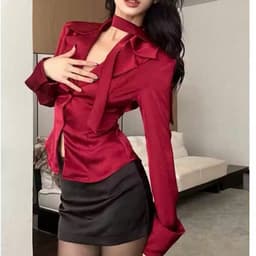 Xukadress_set 3 món: sơmi lụa đỏ, chân váy, dây cổ, set sang chảnh, set đồ cá tính 2