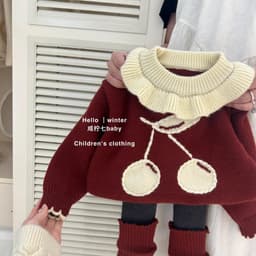 "Sữa Set Bộ Len Cổ Bèo Đỏ Đô Hình Cherry Dệt Kim Legging Thu Đông Cho Bé Gái, Bé Trai Thời Trang Quảng Châu" 3