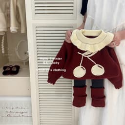"Sữa Set Bộ Len Cổ Bèo Đỏ Đô Hình Cherry Dệt Kim Legging Thu Đông Cho Bé Gái, Bé Trai Thời Trang Quảng Châu" 2