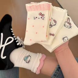 Set 5 Đôi Tất/ Vớ Hoạ Tiết Mèo Hello Kitty Hồng Cổ Cao Phong Cách Hàn Co Giãn Dễ Thương 9
