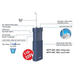 Máy tăm nước cá nhân không dây Waterjet Cordless Mini (4 đầu tăm,dùng được cho người niềng răng,răng sứ,có đầu cạo lưỡi) 6