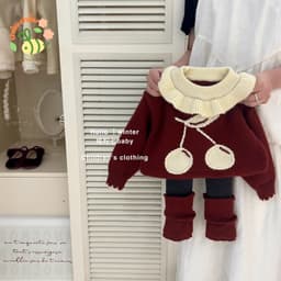 "Sữa Set Bộ Len Cổ Bèo Đỏ Đô Hình Cherry Dệt Kim Legging Thu Đông Cho Bé Gái, Bé Trai Thời Trang Quảng Châu" 1