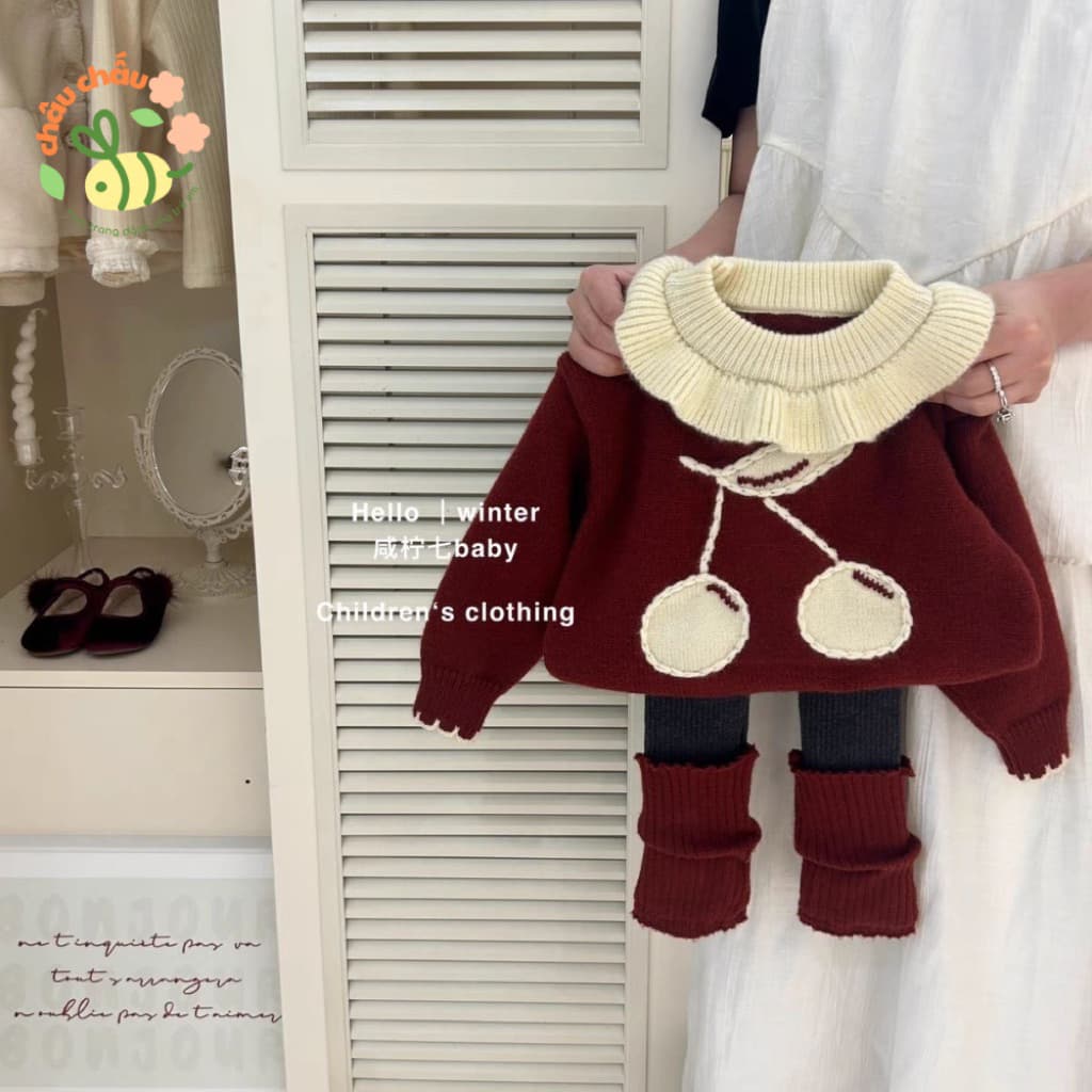 "Sữa Set Bộ Len Cổ Bèo Đỏ Đô Hình Cherry Dệt Kim Legging Thu Đông Cho Bé Gái, Bé Trai Thời Trang Quảng Châu"