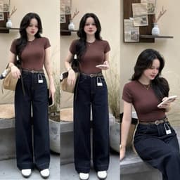 Quần Jean Nữ Ống Suông Nắp Túi Đai Nâu CHEZI HOUSE, Quần Bò Indigo Xanh Than Cạp Cao Hack Dáng Dài 97cm #8180 1