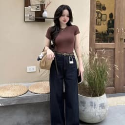 Quần Jean Nữ Ống Suông Nắp Túi Đai Nâu CHEZI HOUSE, Quần Bò Indigo Xanh Than Cạp Cao Hack Dáng Dài 97cm #8180 3