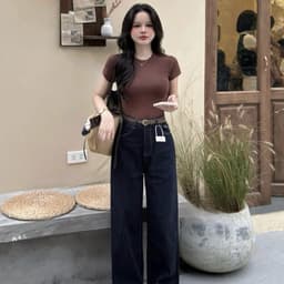 Quần Jean Nữ Ống Suông Nắp Túi Đai Nâu CHEZI HOUSE, Quần Bò Indigo Xanh Than Cạp Cao Hack Dáng Dài 97cm #8180 5