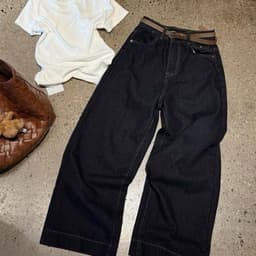 Quần Jean Nữ Ống Suông Nắp Túi Đai Nâu CHEZI HOUSE, Quần Bò Indigo Xanh Than Cạp Cao Hack Dáng Dài 97cm #8180 9