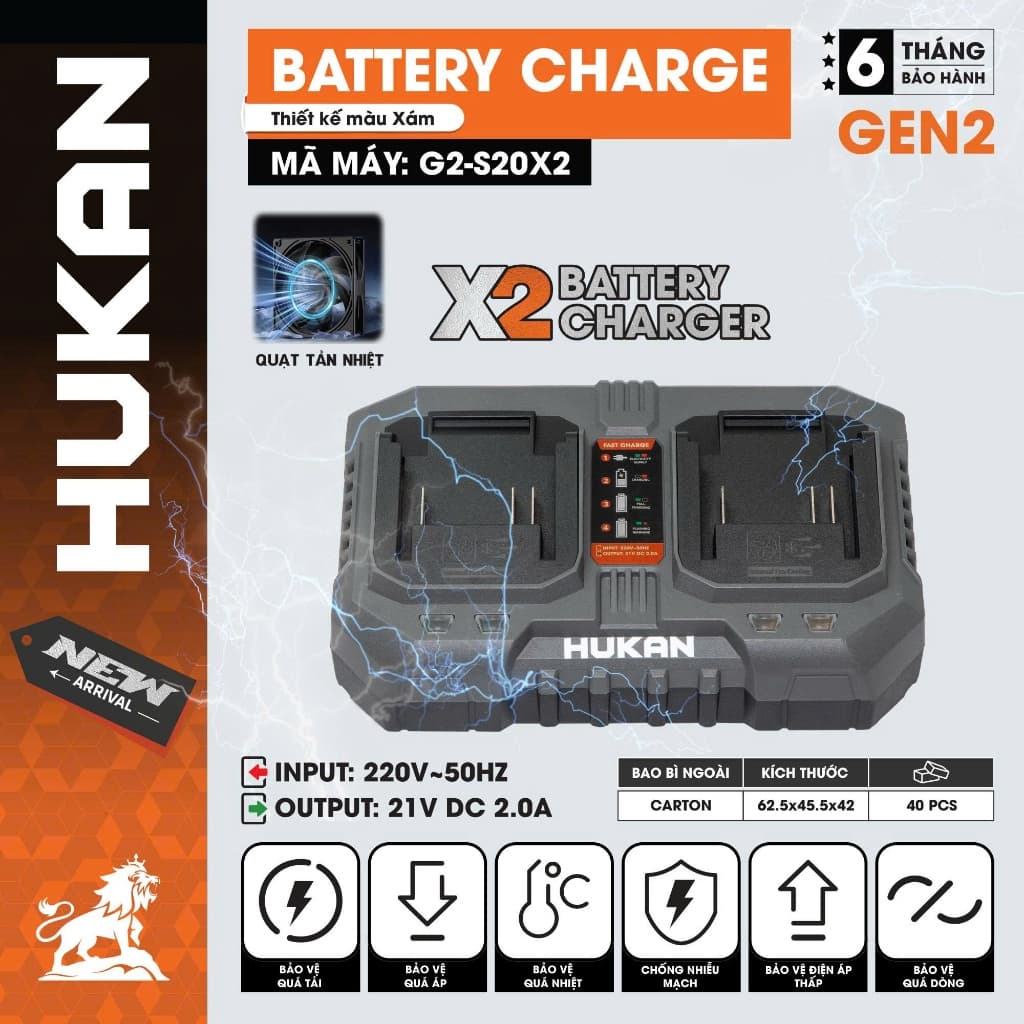 Sạc đôi HUKAN G2-S20X2, Công suất 2A, Bảo vệ dòng, Có quạt tản nhiệt - Dùng cho pin chân phổ thông