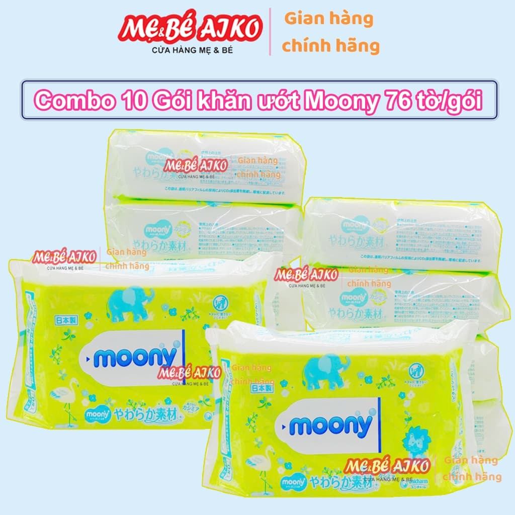 (Combo Sỉ Tiết Kiệm) Combo 10 Gói Khăn Ướt MOONY NHẬT BẢN 76TỜ/GÓI 99% Nước Tinh Khiết - Giao Mẫu Ngẫu Nhiên